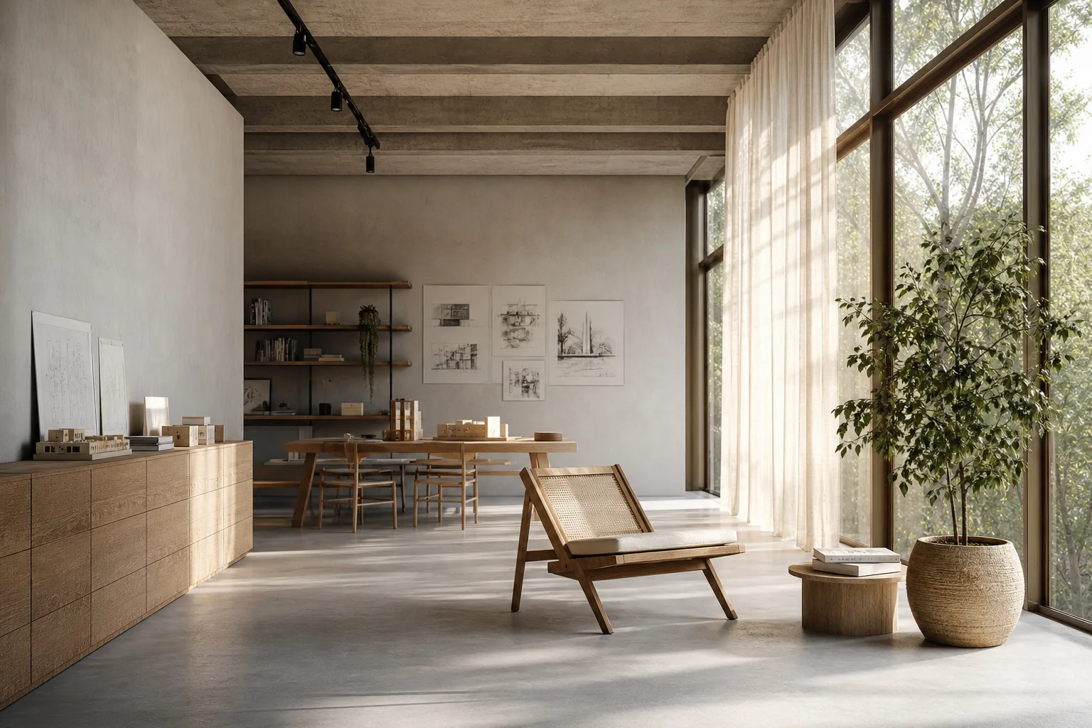 The Lumen studio in Vesterbro: afternoon sun through sheer curtains falling across a timber worktable of massing models, with framed section drawings on the wall behind.