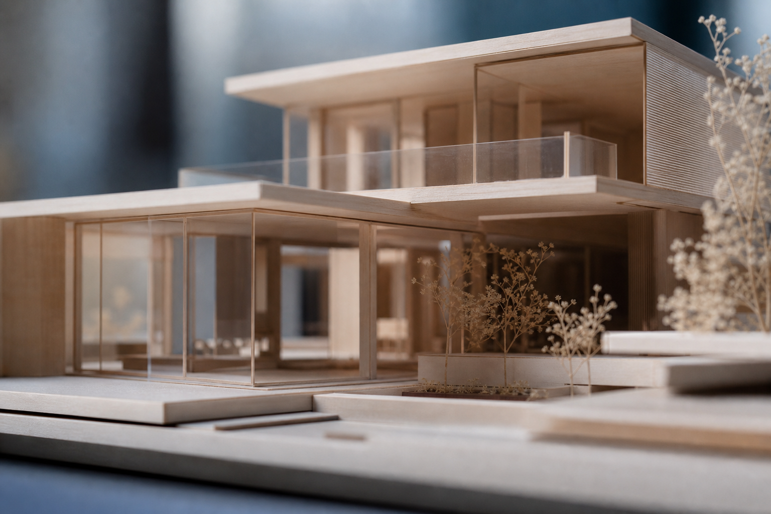 A lived-in Lumen room at dusk, warm interior light washing across brick, timber and glass.
