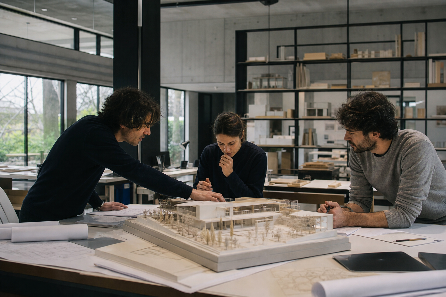 Daylight falling across the tactile materials of a Lumen interior — brick, fir and linen.